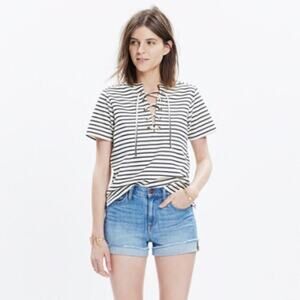 Madewell Lace-Up Striped Cream And Navy Top